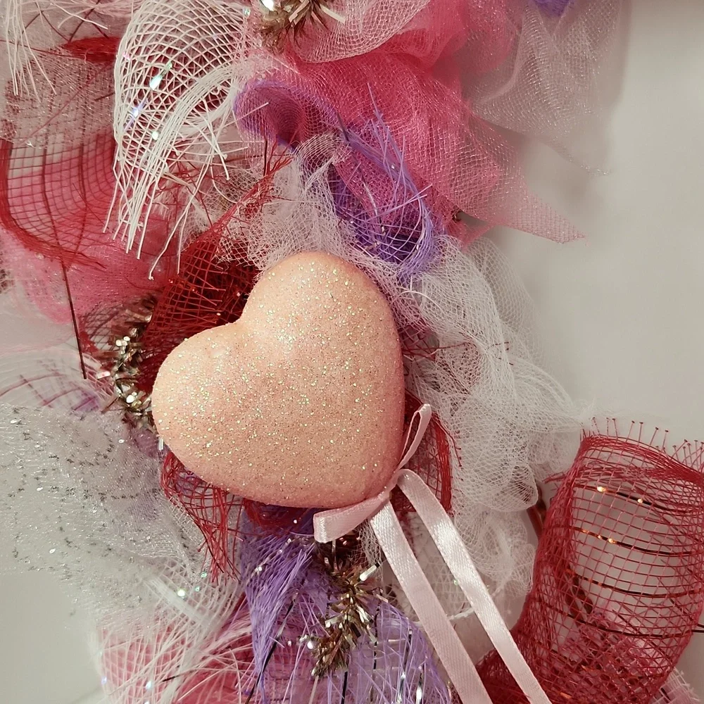 Valentine’s Day Heart Shaped Decorative Mesh Front Door Wreath/Wall Hang…